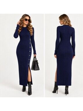 Adam Lippes Collective Navy Blue Ribbed Knit Midi Dress Side Buttons Size M NWOT